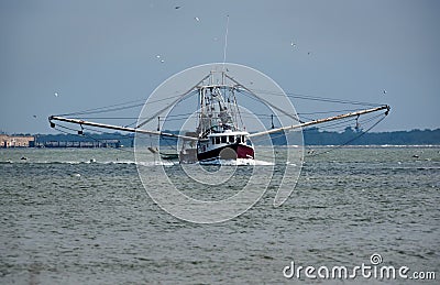 A commercial shrimp boat entering the harbor in Charleston. Editorial Stock Photo