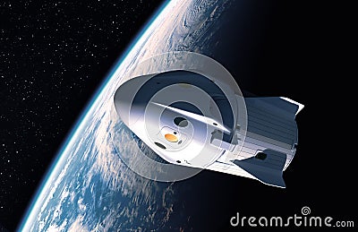 Commercial spaceship flight on background of planet Earth Cartoon Illustration