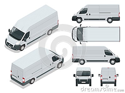 Commercial vehicle. Logistic car. Cargo minivan on white background. Front, rear, side, top and isometry front Vector Illustration