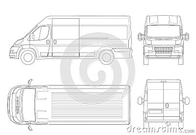 Commercial vehicle or Logistic car outline. Cargo minivan isolated on white background. View front, rear, side, top. All Vector Illustration