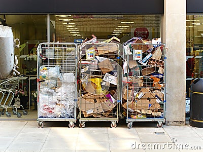 Commercial waste collected outside a supermarket Editorial Stock Photo