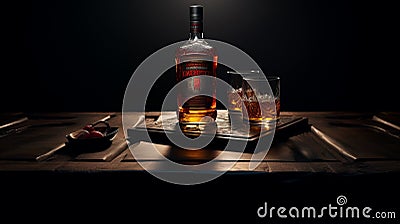 Commercial Whisky Bottle On Wooden Tray: Precisionist, Light Black And Red Imagery Stock Photo