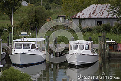 Commercial working fishing crabbing boats in the Marina on Tilghman Island, Maryland an afternoon in the summer. Stock Photo