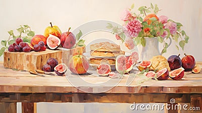 Commissioned 8k Historical Illustration: Fruit On Table With Pastoral Charm Stock Photo