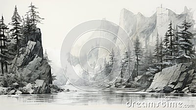Panoramic Canyon Sketch: Mountains, Stream, And Pine Trees Stock Photo