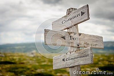 commit to commitment text engraved on old wooden signpost outdoors in nature. Cartoon Illustration