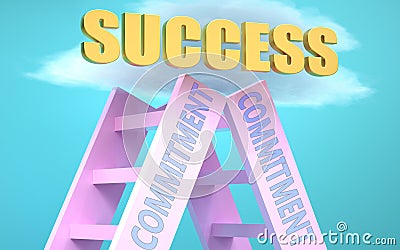 Commitment ladder that leads to success high in the sky, to symbolize that Commitment is a very important factor in reaching Cartoon Illustration