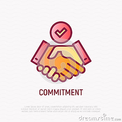 Commitment thin line icon: handshake with tick. Modern vector illustration Vector Illustration