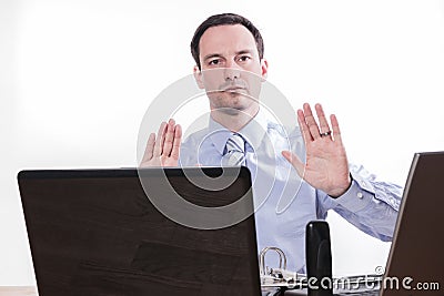 Committed employee giving stock market sell sign Stock Photo