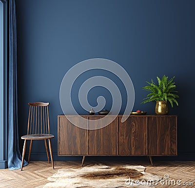 Commode with chair and decor in living room interior, dark blue wall mock up background Stock Photo