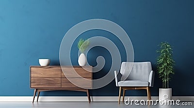 Commode with chair and decor living room interior dark blue wall mock up backgroundinterior, room, wall, home, blue, design, Stock Photo