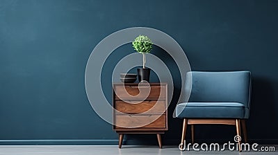 Commode with chair and decor living room interior dark blue wall mock up backgroundinterior, room, wall, home, blue, design, Stock Photo