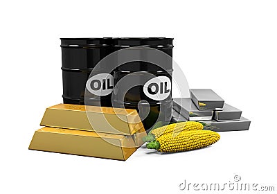 Commodities - Oil, Corn, Gold and Silver Stock Photo