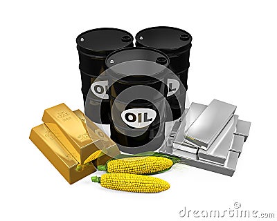 Commodities - Oil, Corn, Gold and Silver Stock Photo