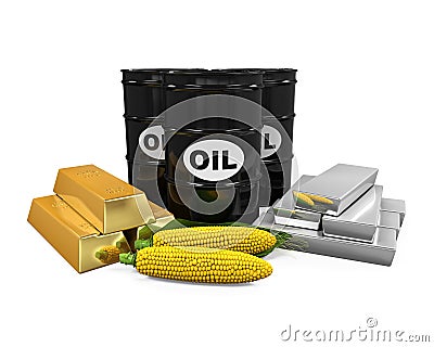 Commodities - Oil, Corn, Gold and Silver Stock Photo