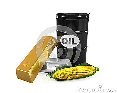 Commodities - Oil, Corn, Gold and Silver Stock Photo