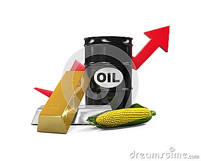 Commodities - Oil, Corn, Gold and Silver Stock Photo