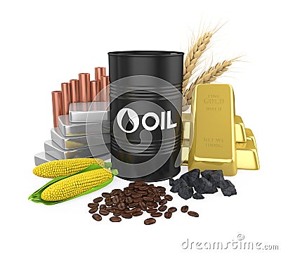 Commodities - Oil, Gold, Silver, Copper, Corn, Coal, Wheat and Coffee Beans Stock Photo