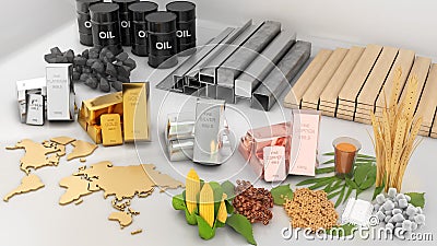 Commodities such as coal tar, gold, cotton, corn, sugar, soybeans, and iron on white background ,Commodity business Stock Photo