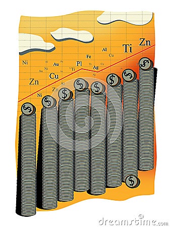 Commodity income. Abstract graph of the growth in the cost of metals. A large stack of coins with a dollar sign Stock Photo