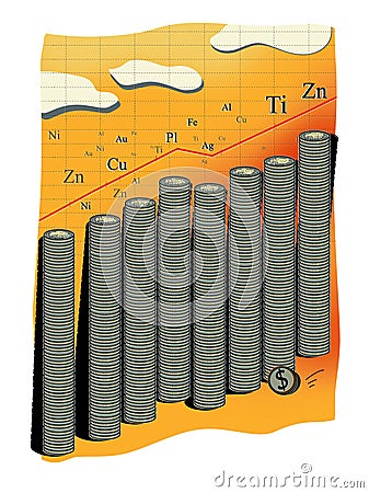 Commodity income. Abstract graph of the growth in the cost of metals. A large stack of Russian coins and a dollar coin Stock Photo