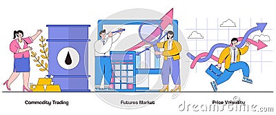 Commodity trading, futures market, price volatility concept with character. Commodities market abstract vector illustration set. Cartoon Illustration