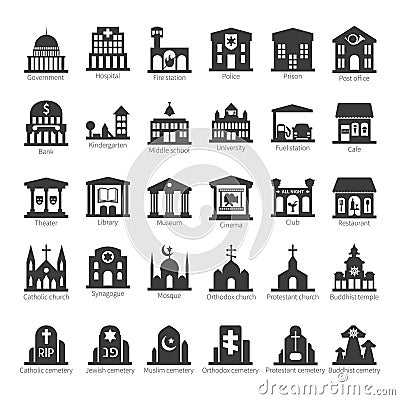 Common buildings and places vector icon set Vector Illustration