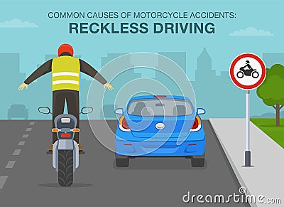 Common causes of motorcycle crashes are reckless driving. Motorcycle rider standing on a motorcycle while riding. Vector Illustration