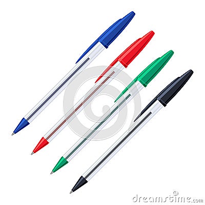 Common colored ballpoint pens with caps set Vector Illustration