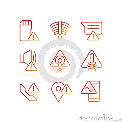 Common electronic device issues pixel perfect gradient linear vector icons set Vector Illustration