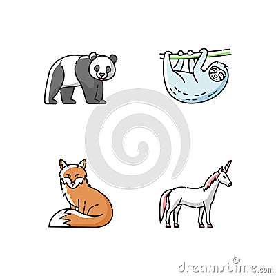 Common and fantasy animals RGB color icons set Vector Illustration