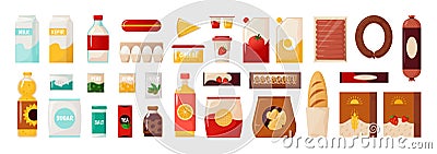 Common goods. Cartoon package with everyday food. Bottles of cooking oil and milk. Container for eggs or dairy products Vector Illustration