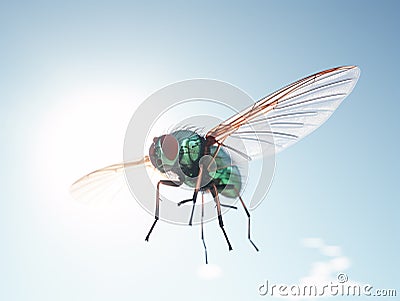 Common greenbottle fly - Lucilia caesar. In flight. Cartoon Illustration