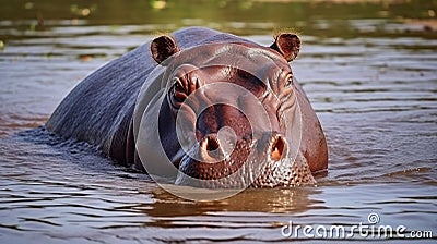 The common hippopotamus, Hippopotamus amphibius, or hippo large, mostly herbivorous. generative ai Stock Photo