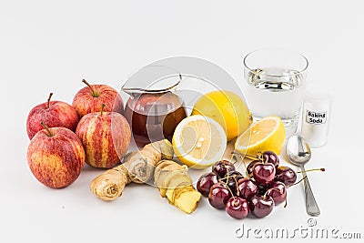 Common home remedy to treat gout inflammation - Cherries, Lemon Juice, Apple Cider Vinegar, Ginger Roots, Baking Soda Stock Photo