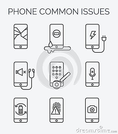 Common phone issues line icons. Vector Illustration