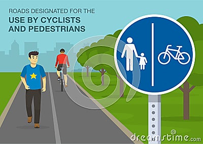 Common traffic or road rules. Close-up view of a sign. Roads designated for the use by pedestrians and cyclists sign. Vector Illustration