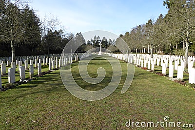 Commonwealth Cemetery of Honor in Cologne South Cemetery. War graves from World War II. Very long endless line of tombstones and Stock Photo