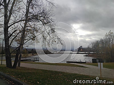 Communal bridge in the city of Krasnoyarsk in autumn Stock Photo