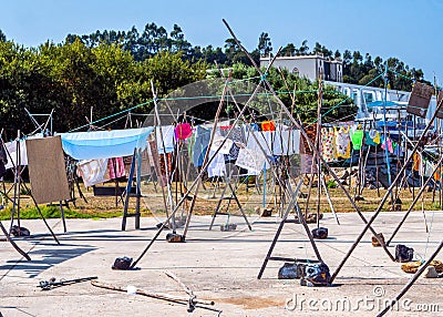 Communal washing lines, Afurada, Porto, Portugal. Stock Photo