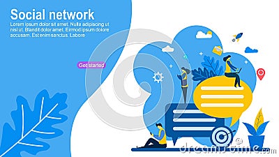 Communicates through the Internet social networks with Tiny People Character Concept Vector Illustration