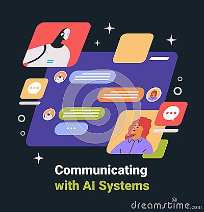 Communicating with AI Systems chatbot interaction colorful vibrant dark background futuristic messaging bubbles Cartoon Illustration