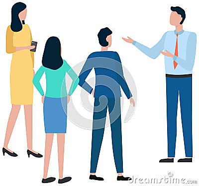 Communicating colleagues. Office workers team listen to boss standing on meeting isolated on white Stock Photo