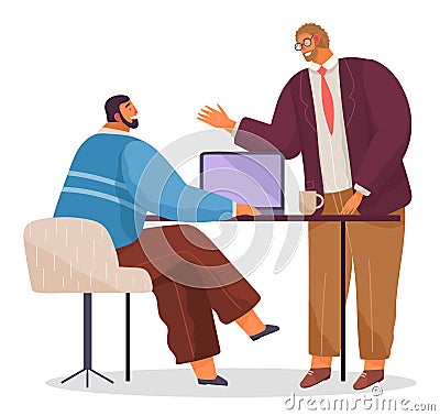 Communicating office workers, man sitting at table with laptop and talking with colleague in glasses Vector Illustration