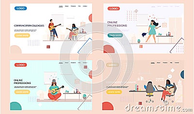 Communication colleagues landing page template online professions, people sing and play guitar Vector Illustration