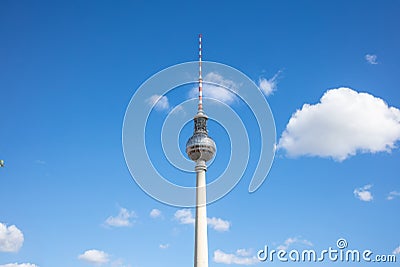 Communication concept. Tv tower, Fernsehturm, under Berlin`s blue sky background. Famous destination Editorial Stock Photo