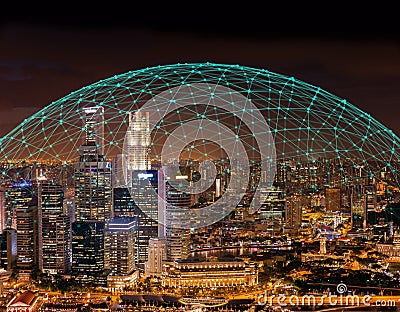 Communication connection network dome shaped above city skylilne at night Stock Photo