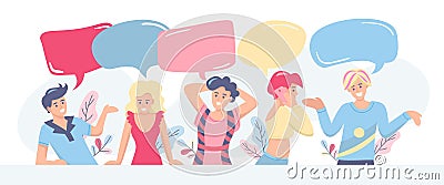 Communication, discussion, feedback concept. Group of people with speech bubbles on white background, space for design Vector Illustration