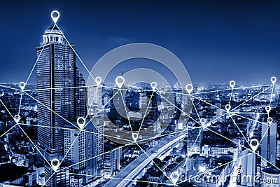 Communication GPS Connectivity Network Intelligent System Concept, Data Searching and Social Location GPS Pin Application With Stock Photo