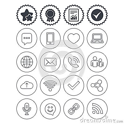 Communication icon. Smartphone, laptop and chat. Vector Illustration